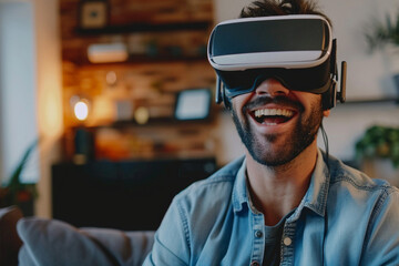Man Enjoying Virtual Reality Experience in Cozy Home Setting,Immersive VR Gaming with Headset