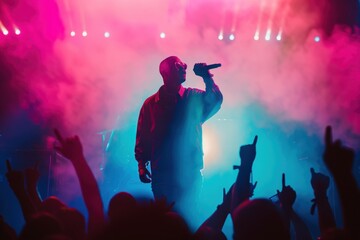 A hip-hop artist performing on stage, dynamic movements, colorful lighting, fans enjoying the music, energetic atmosphere, Portrait half-body, hyper-realistic, high detail, photorealistic, Key Light,