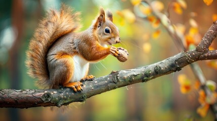 Obraz premium Cute squirrel nibbling on a nut while perched on a tree branch