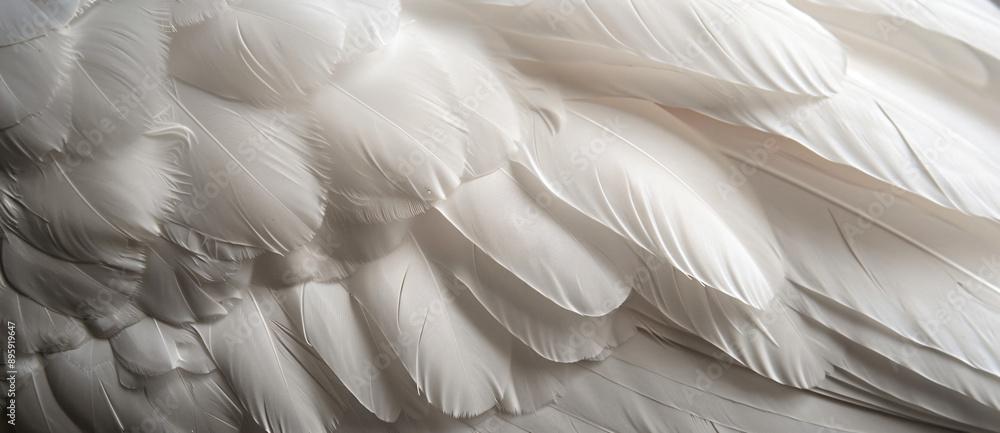 Poster close-up of the texture and pattern on white swan feathers, focusing in detail on softness and smoot