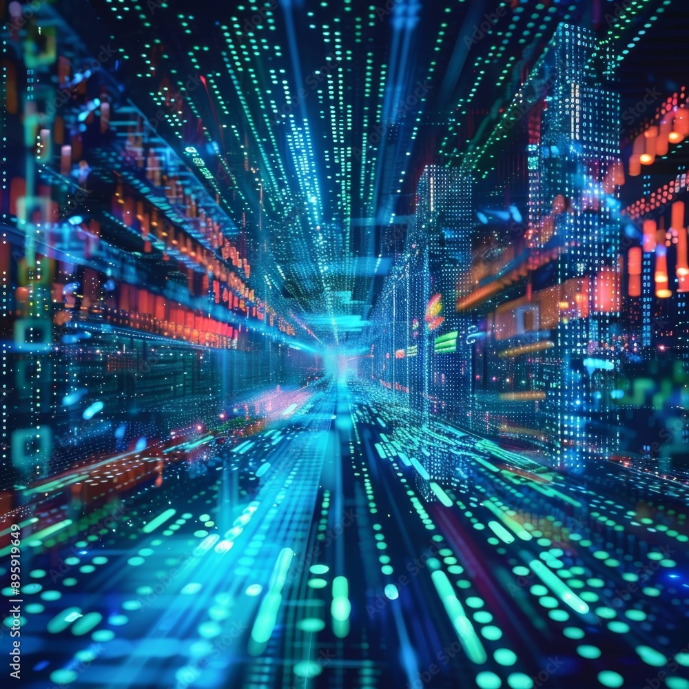 Aufkleber digital information flowing through servers in data center, concept of big data
