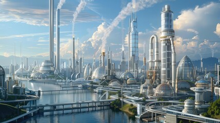 Futuristic urban industrial zone with sleek, eco-friendly factories