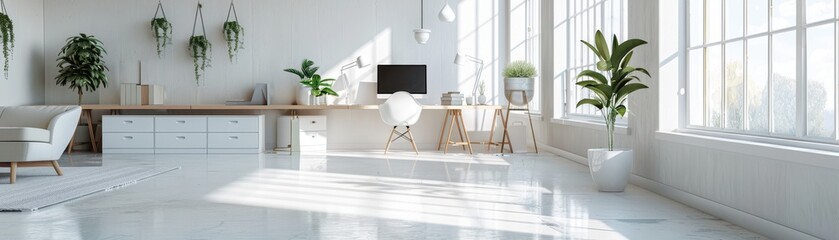 Bright and Airy Modern Home Office with Large Windows and Green Plants