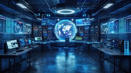 High-tech industrial control room with digital screens and data displays