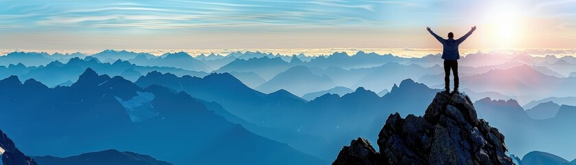 Fototapeta premium Man Standing on Mountain Peak with Arms Raised Overlooking Stunning Mountain Range at Sunrise