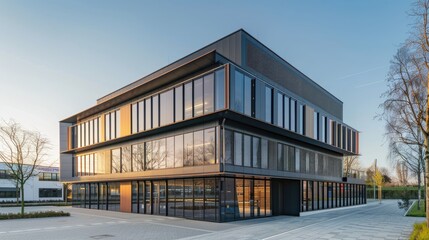 Modern office building with sleek lines and decorative facade elements