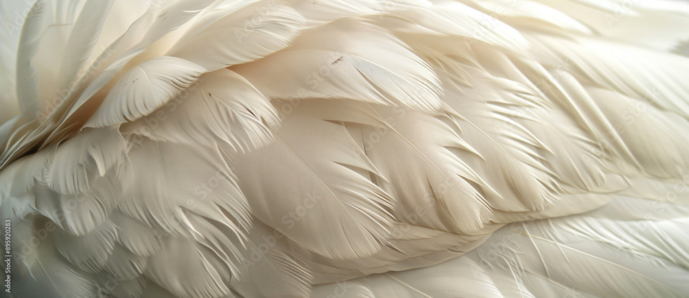 Poster close-up of the texture and pattern on white swan feathers, focusing in detail on softness and smoot