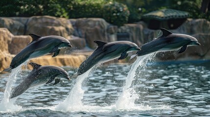 Obraz premium Playful dolphins leaping out of the water in unison