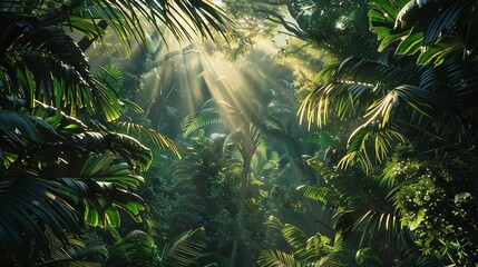 A serene jungle scene with vibrant foliage and sun rays illuminating the green landscape, creating a peaceful ambiance.