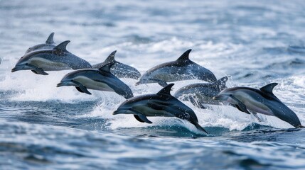 Naklejka premium Playful dolphins leaping out of the water in unison
