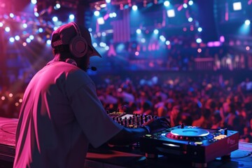 A DJ spinning records at a hip-hop concert, crowd dancing, vibrant stage lights, high-energy scene, Portrait half-body, hyper-realistic, high detail, photorealistic, Key Light, Fill Light