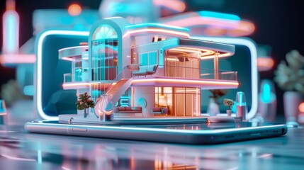 Futuristic Smart Home Model with Neon Lights Displayed on a Smartphone in a Modern Digital Environment