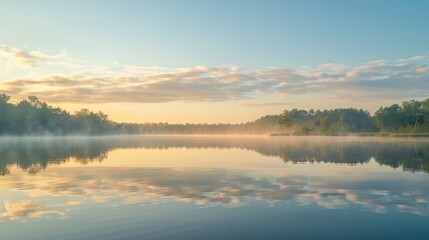 Obraz premium A serene lakeside view with mist rising from the water at sunrise.