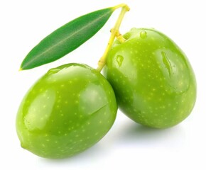 Obraz premium green olives with leaf on white background