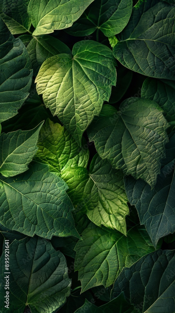 Poster overlapping green leaves with textured veins in a lush arrangement. perfect for botanical background