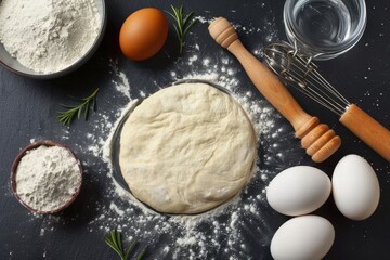 flour and ingredients of baking on black table