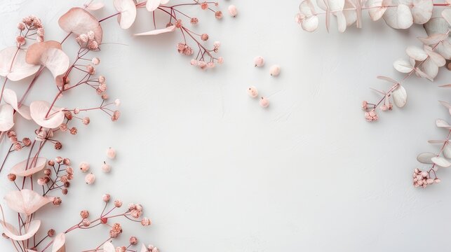 A white background with pink flowers and leaves