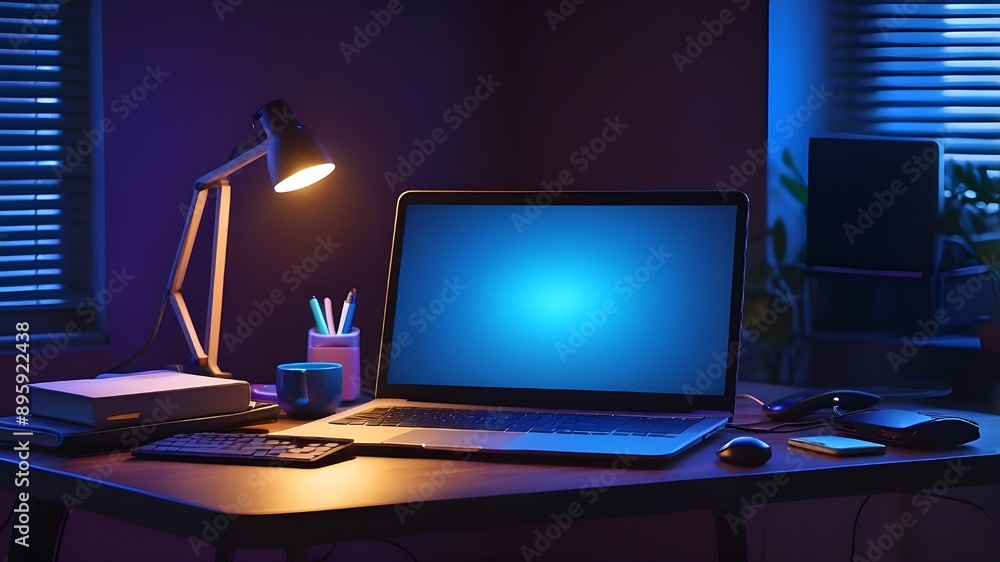 Aufkleber a desk in a dimly lit room with blue illumination, and a portable neon computer with a blank screen.