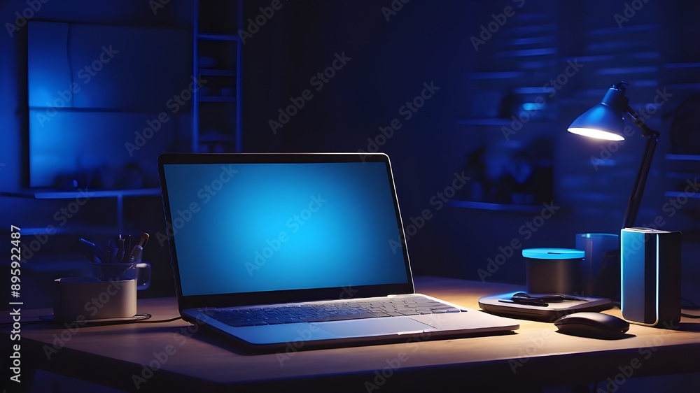 Poster a desk in a dimly lit room with blue illumination, and a portable neon computer with a blank screen.