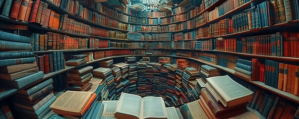 A whimsical library overflowing with books that defy gravity.