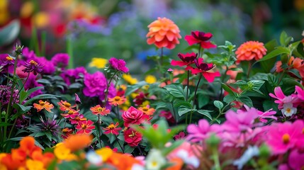 Obraz premium A close-up view of a garden filled with a mix of colorful flowers, capturing their delicate details and vibrant hues