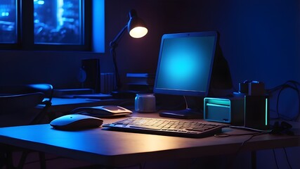 A desk in a dimly lit room with blue illumination, and a portable neon computer with a blank screen. background in technology using a laptop