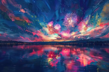 view of fireworks lighting up the sky above a river, with the reflection of the colors on the water, "Every burst of color in the sky is a reminder of the endless possibilities that lie ahead