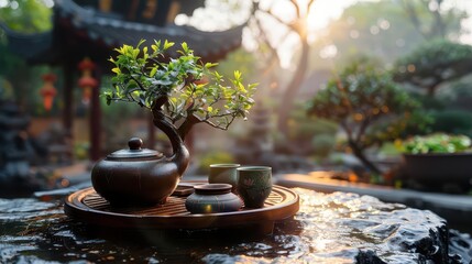 Tea ceremony in a temple garden with a misty morning backdrop, tranquil and meditative ambiance