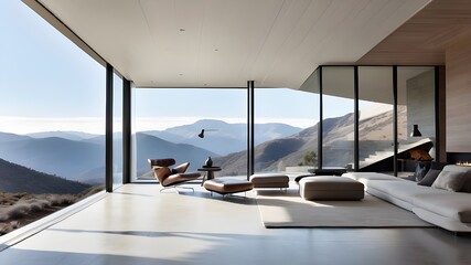 Fototapeta premium A sleek, contemporary residence with a minimalistic appearance. A glass house in the mountains