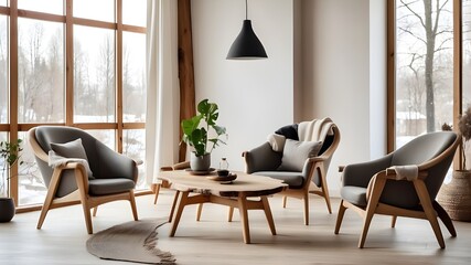 wooden armchairs and a rustic table with a living edge against the windows. Scandinavian living room interior design.