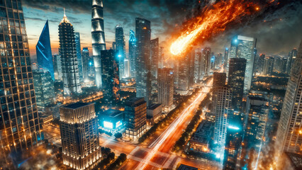 Obraz premium Asteroid / comet hurtling towards modern city. Fiery meteor in sky above cityscape. Concept of impending disaster, apocalypse, or cosmic impact.