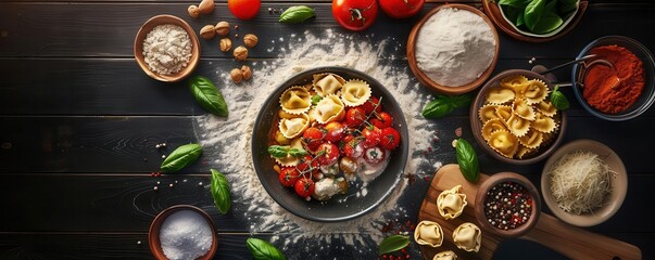 Tortellini being prepared in a rustic kitchen with elements of Baroque design, gourmet meets art