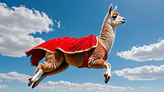 Super Llama wearing red cape flying in the sky, blue skies, sun, landscape,