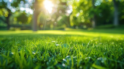 Naklejka premium Lush Green Meadow Bathed in Warm Sunshine