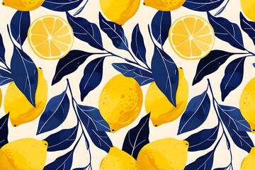 Seamless lemon pattern with vibrant yellow lemons and blue leaves, perfect for textiles, wrapping paper, or summer designs.