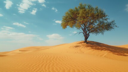 A solitary tree stands resilient on golden sand dunes under a bright blue sky, capturing the beauty of desert landscapes.