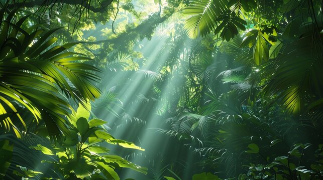 Fototapeta Serene jungle scene with sunlight filtering through lush greenery, creating a peaceful and vibrant atmosphere.
