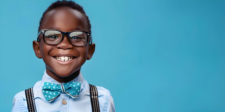 Smiling young boy wearing glasses with blue bow tie and suspenders, posing against a blue background. Happy and stylish look.
