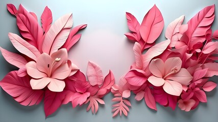 3D effect wall texture with pink tropical foliage and Mother's Day flower design background banner. Pink banana leaves in an abstract feminine style