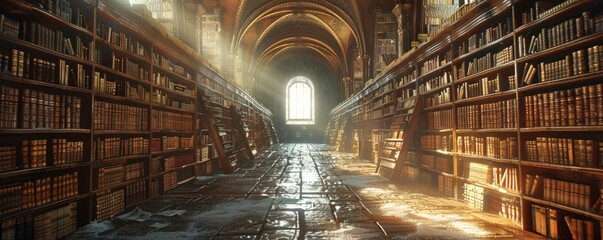 An ancient library filled with ancient scrolls and manuscripts, its shelves stretching into the shadows.