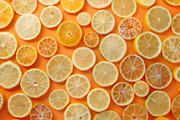 Top view of various citrus fruit slices including oranges, lemons, and limes, arranged on a bright orange background.