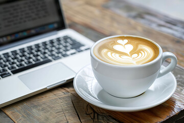 A cup of coffee with latte art in the shape of heart on white plate and laptop computer beside at wooden table