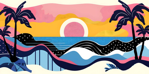 Vibrant abstract sunset beach scene with palm trees and waves in colorful, artistic illustration. Perfect for summer and tropical themes.