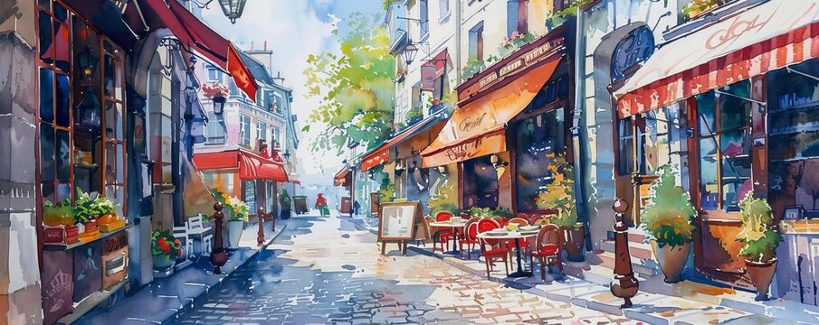 A watercolor painting of a quaint cobblestone street lined with charming shops, cafes, and old-fashioned buildings.
