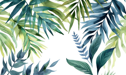 Watercolor illustration of green and blue tropical leaves surrounding a white background, perfect for nature-themed designs and backgrounds.
