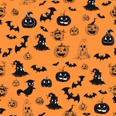 Happy halloween holiday concept. Halloween decorations, bats, ghosts on orange background. Halloween party greeting card mockup