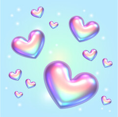 3D three-dimensional gradient shapes with rainbow refraction, in the shape of a heart. Rainbow holiday hearts in y2k style with shimmering elements