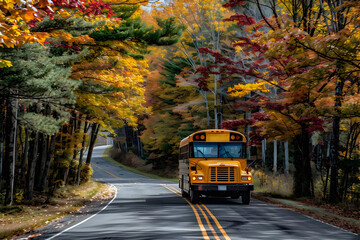 Obraz premium Yellow school bus driving on a winding road through a colorful autumn forest, capturing the essence of fall foliage scenery.
