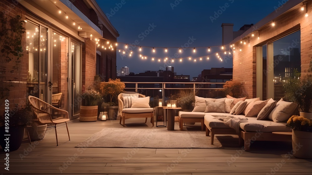 Poster a view of the charming outside patio lit with string lights. cool autumn evening on the rooftop