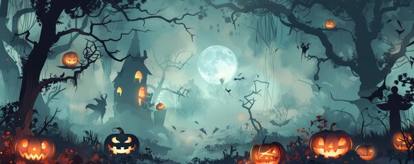 pumpkins on black orange horror halloween background. banner